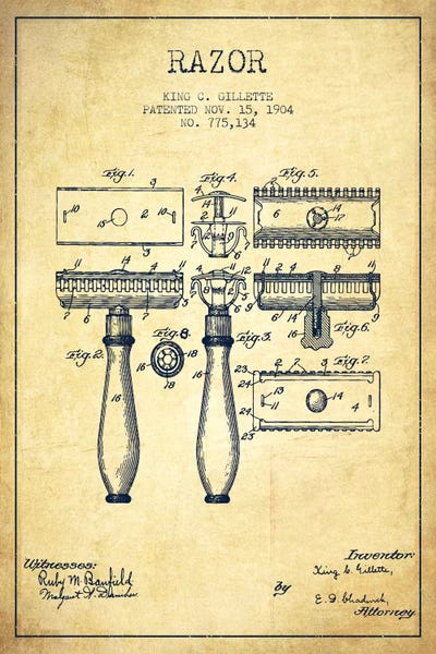 Official Gillette Razor 1904 Patent Art Print Bathroom Shaving Barber Blade 6